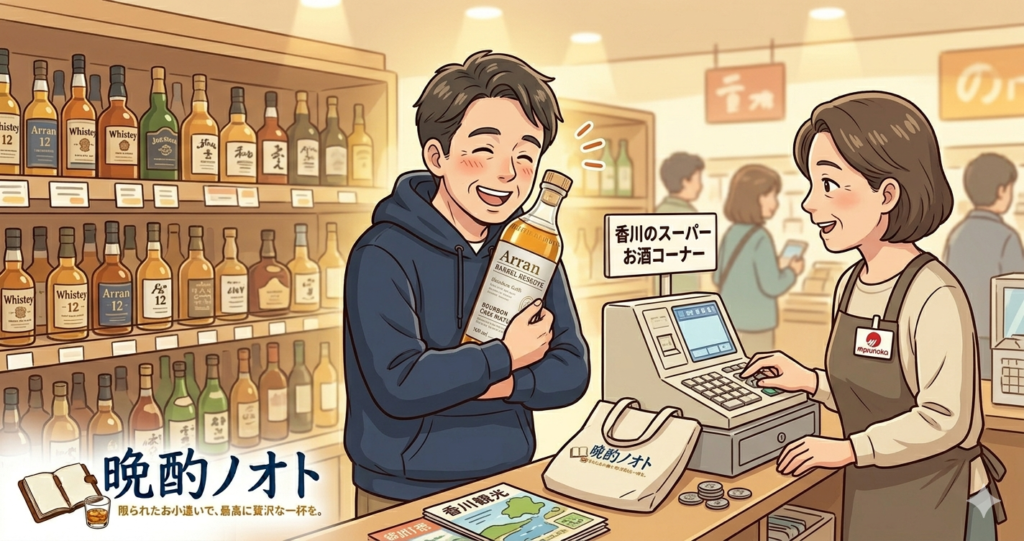スーパーのレジでアランバレルリザーブを抱きしめる私のイラスト