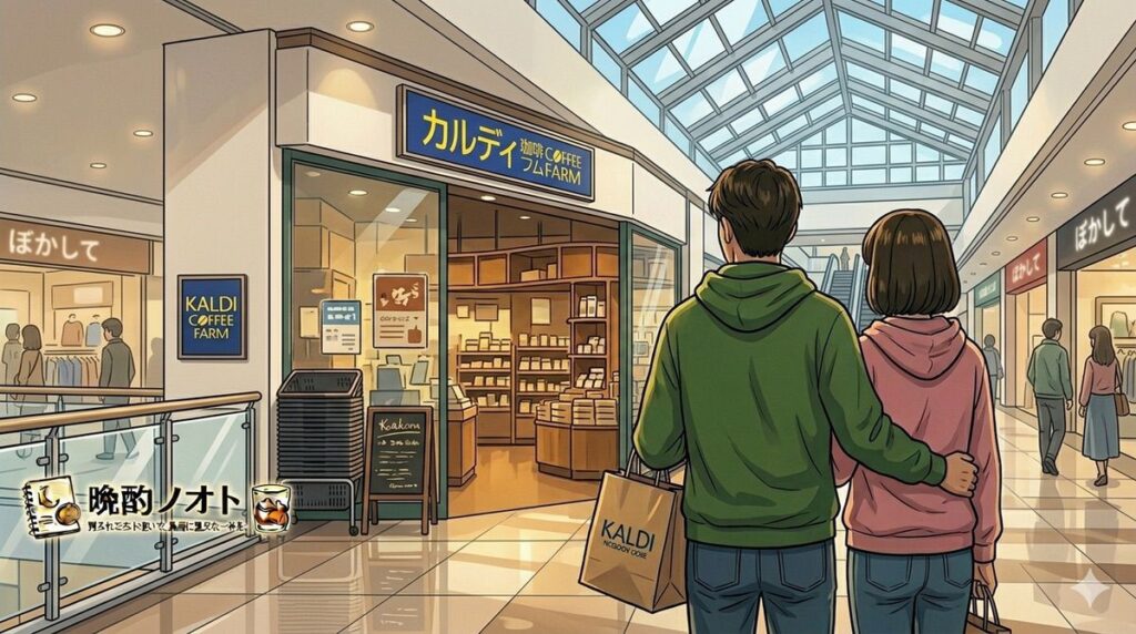 妻と二人でカルディの前に立つイラスト