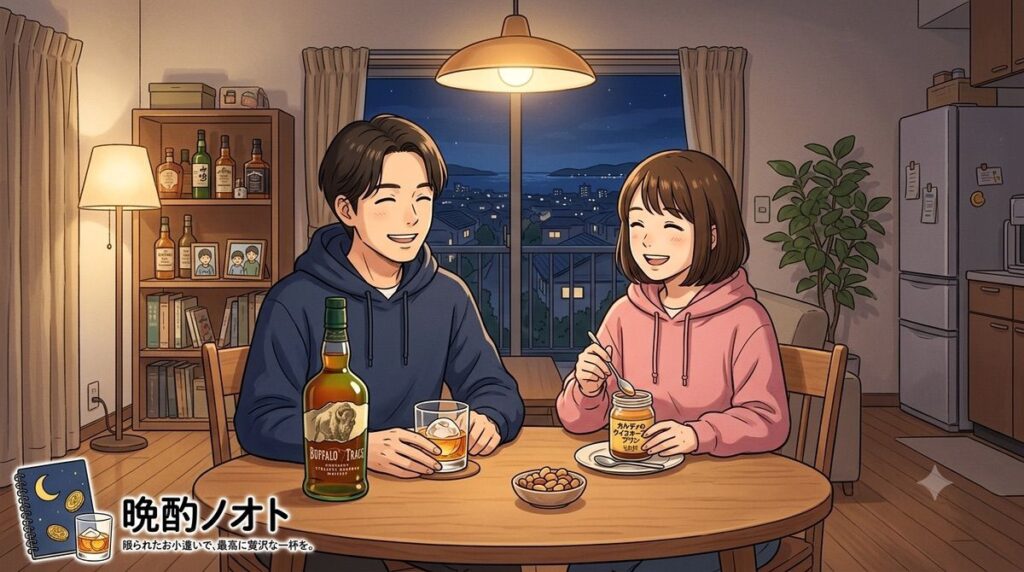 妻と二人で食卓でテーブルの上にはバッファロートレースとカルディのウイスキープリンのイラスト