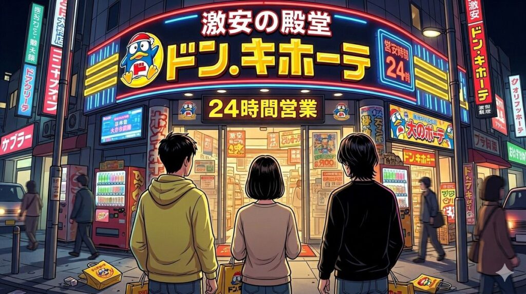 ドン・キホーテの前で立ち尽くす、筆者と妻と次男のイメージ