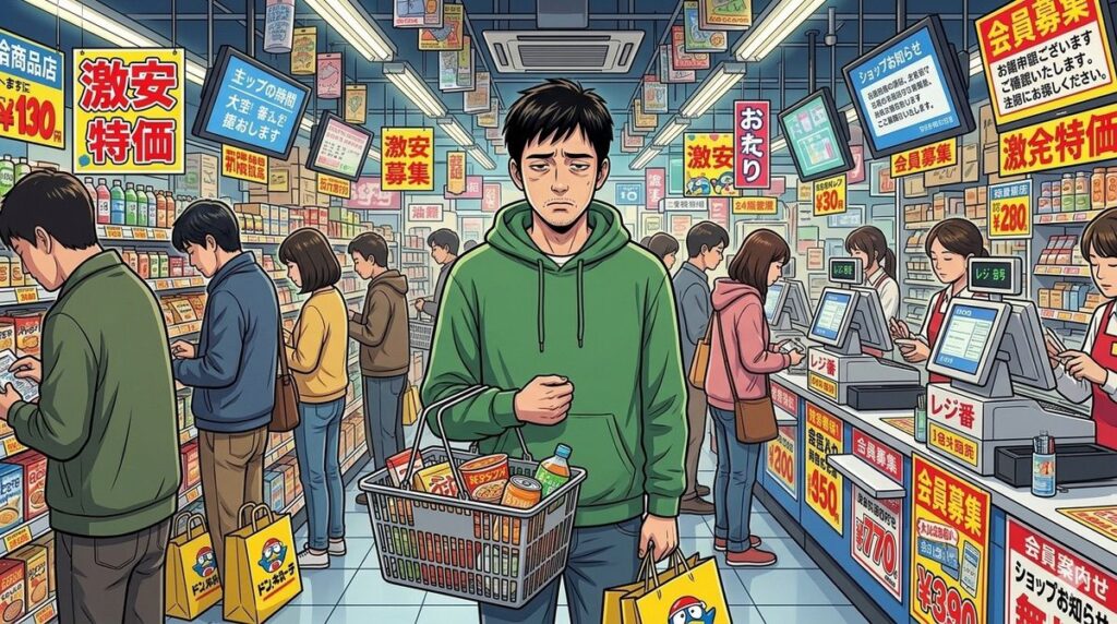 ドン・キホーテのレジに並ぶ憔悴した表情の筆者のイメージ