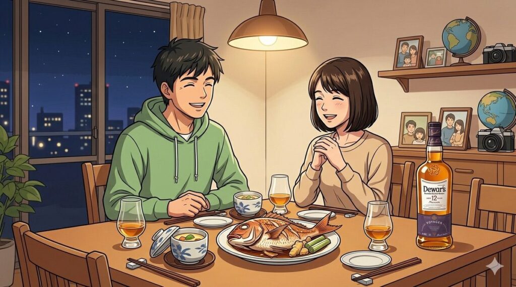 妻と二人で鯛のあら炊きを茶碗蒸しにデュワーズ12年ミズナラを合わせて見るイメージ