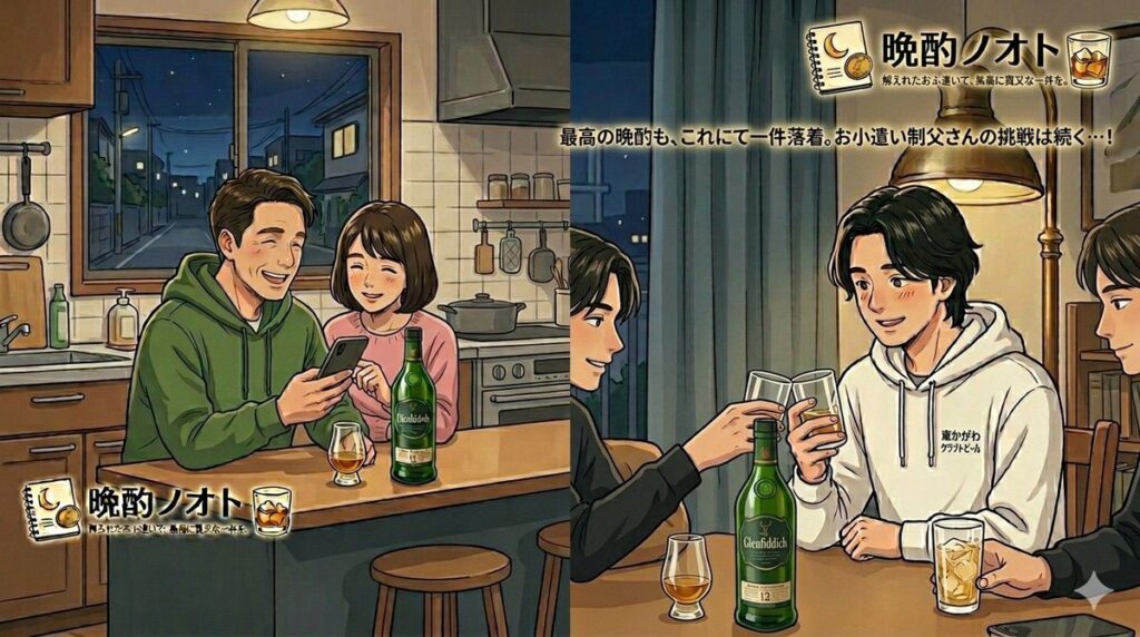 妻と息子からのLINEを見ながらグレンフィディック12年を飲む私と友達と一緒にグレンフィディック12年を開栓する長男のイラスト