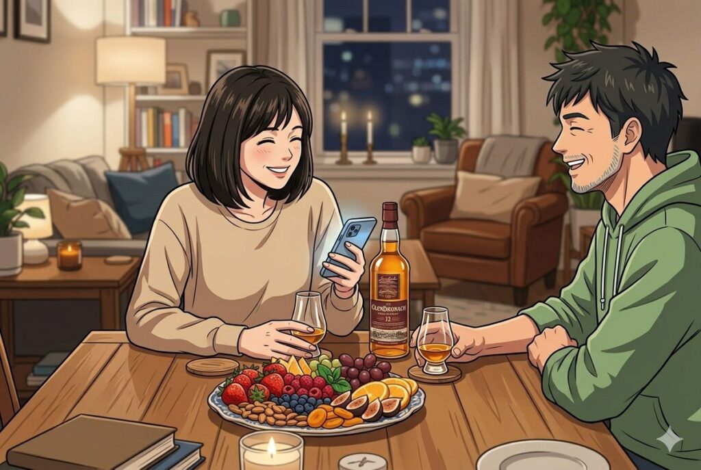 私と妻がフルーツの盛り合わせを食べながらグレンドロナック12年をストレートで飲んでいるイメージ