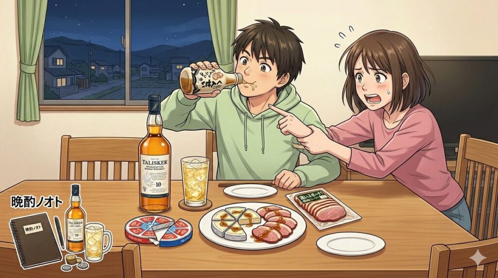 くんせいナッツドレッシングをそのまま飲もうとする主人を止める妻のイメージ