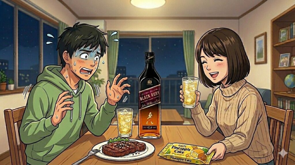 ジョニーウォーカーブラックルビーのトニックウォーター割りを楽しむ妻と、価格を聞かれて取り乱す私のイメージ
