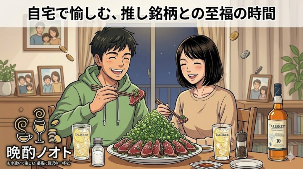 自宅で私と妻が二人でカツオのタタキを食べながらタリスカー10年を飲んでいるイメージ