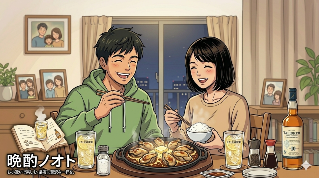 二人で仲良く食卓で牡蠣のバター醤油焼きを食べているイメージ