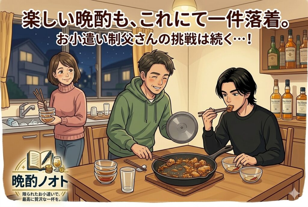 後片付けを始めた私と妻を横目に食べ続ける次男のイラスト