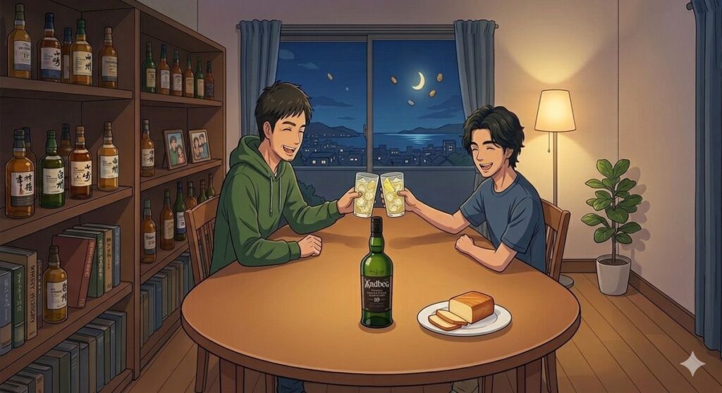 長男とアードベッグで乾杯をしているイメージ