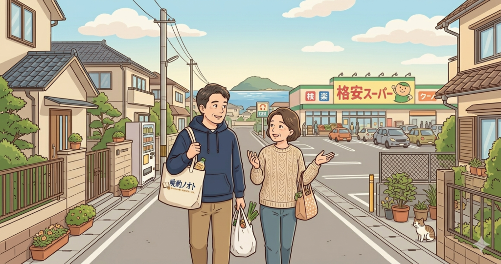 記事を書き終え、妻と買い物に行く筆者のイラスト