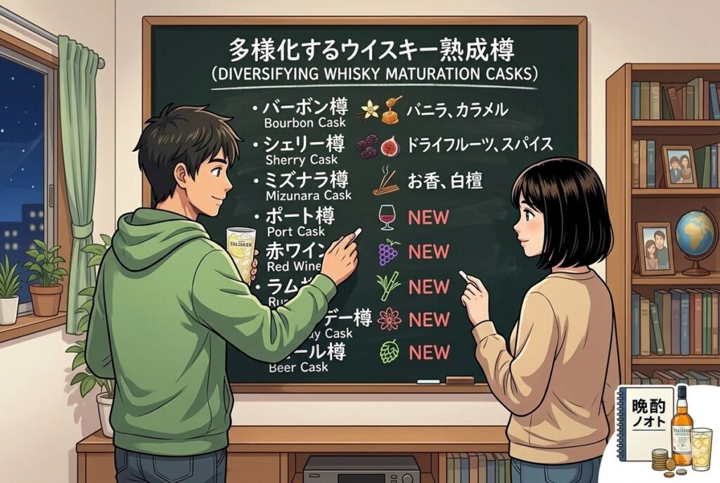 妻と二人で黒板に樽熟成の影響を書き出しているイメージ