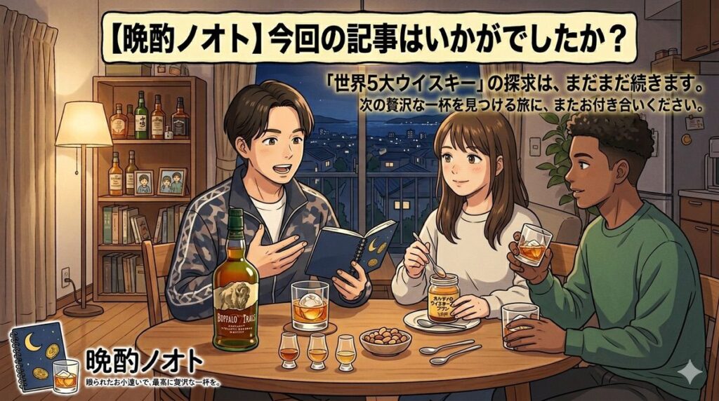 自室で友人に5大ウイスキーの解説をする長男のイラスト