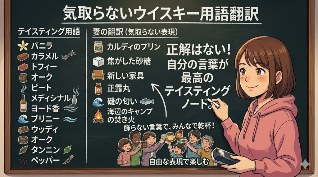 妻が黒板の前で気取らないテイスティングノートを解説しているイメージ