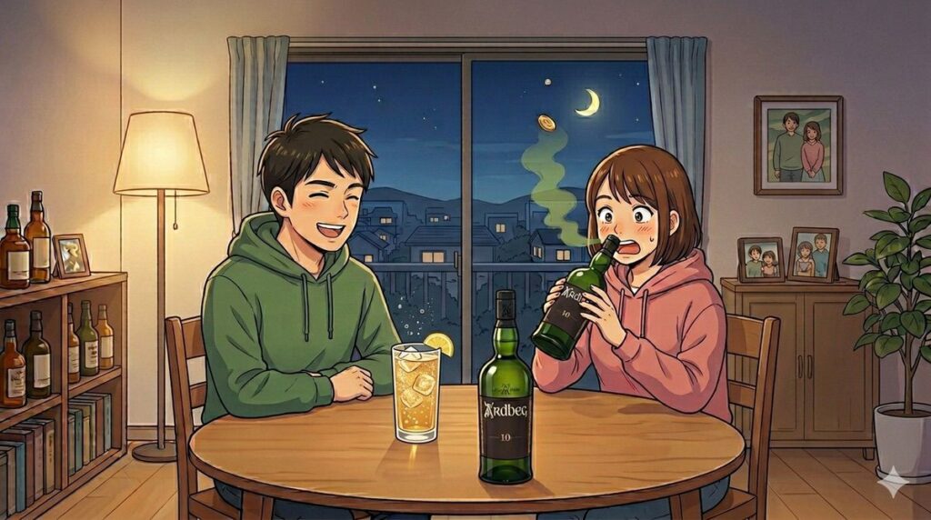 アードベッグの匂いを嗅いでびっくりする妻と、それを見て笑う私のイメージ