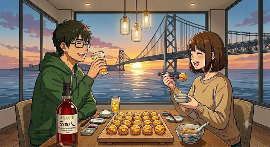 明石海峡大橋を渡り、明石焼きを食べながらあかしウイスキーを堪能する夫婦のイメージ