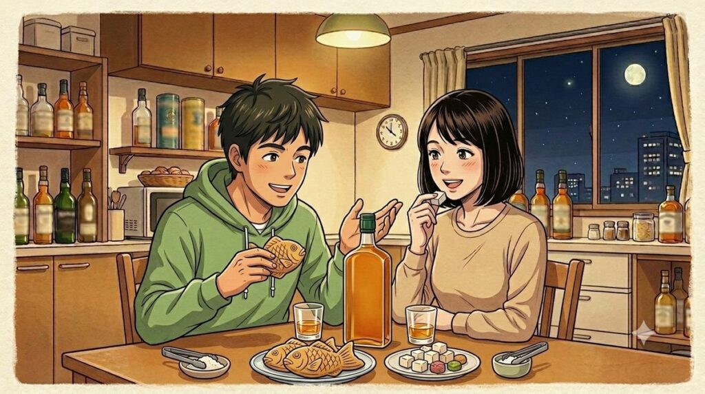 食後に和菓子と合わせてバスカーシングルグレーンをストレートで楽しむ夫婦のイメージ