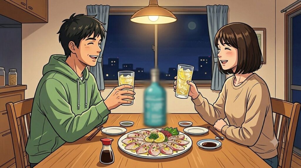 テーブルに置かれた鯛のカルパッチョとクラシックラディ10年のボトル。ハイボールで楽しむ夫婦のイメージ