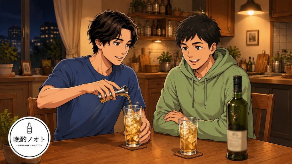 父親にグレンフィディック12年のハイボールを造る長男のイメージ
