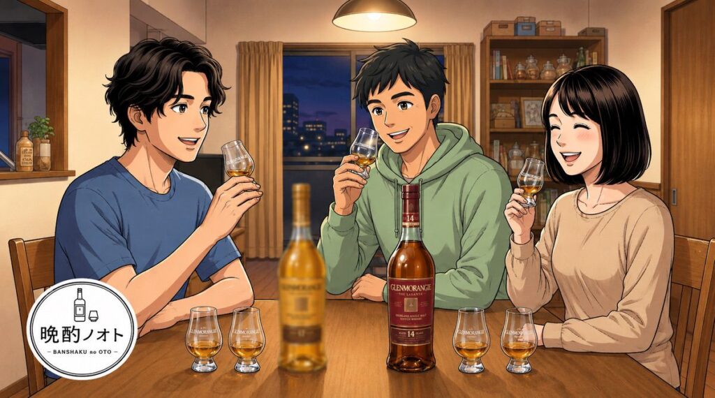家族三人でグレンモーレンジィの飲み比べをする長男と夫婦のイメージ