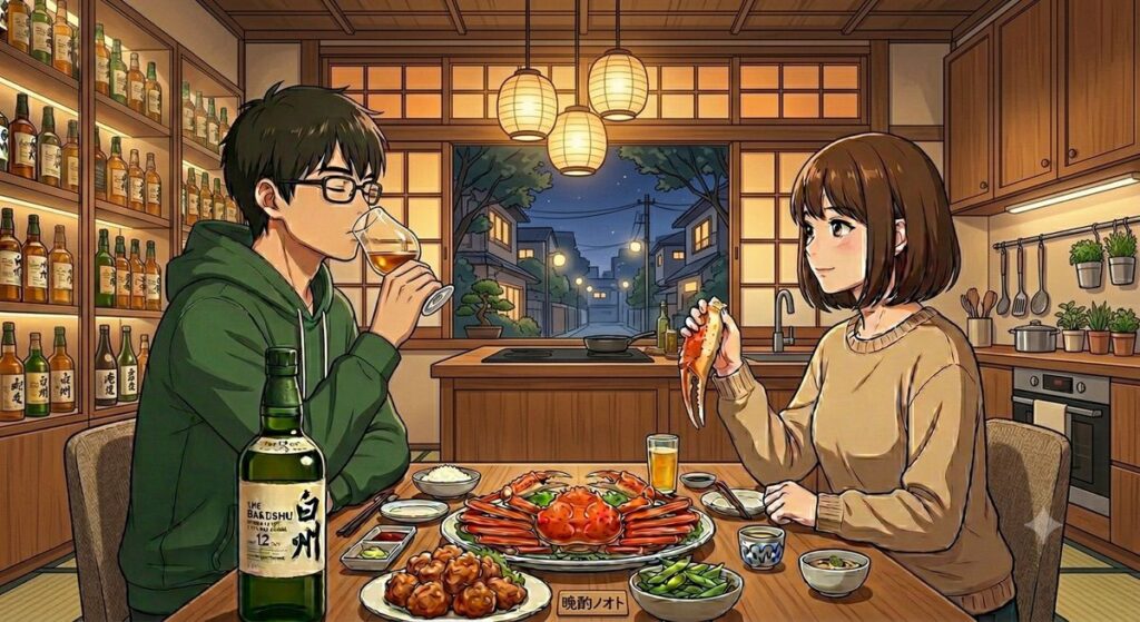 部屋で蟹と白州12年を楽しむ私と妻のイメージ