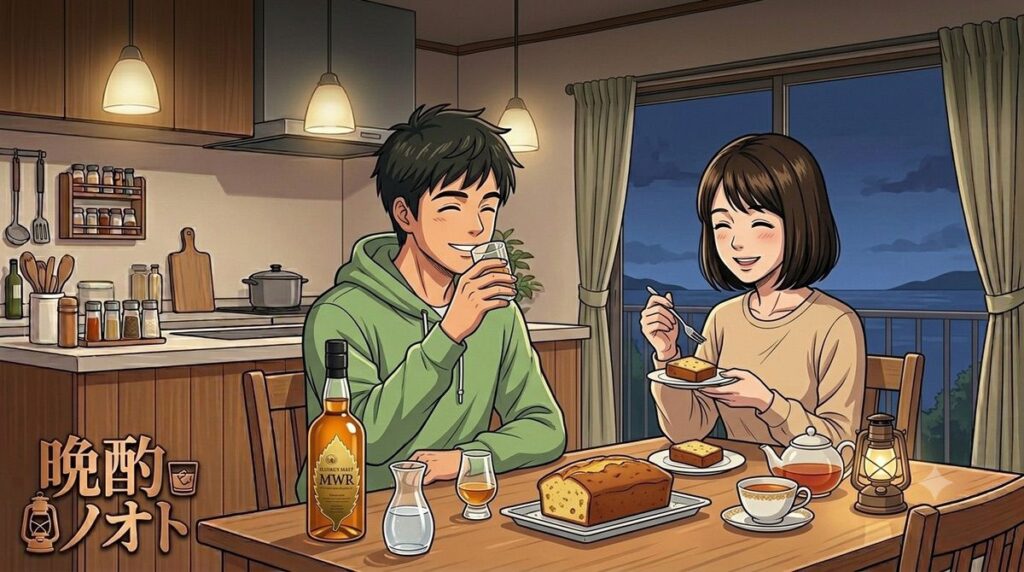 夜に夫婦で紅茶のバウンドケーキをイチローズモルトMWRを飲みながら楽しんでいるイメージ