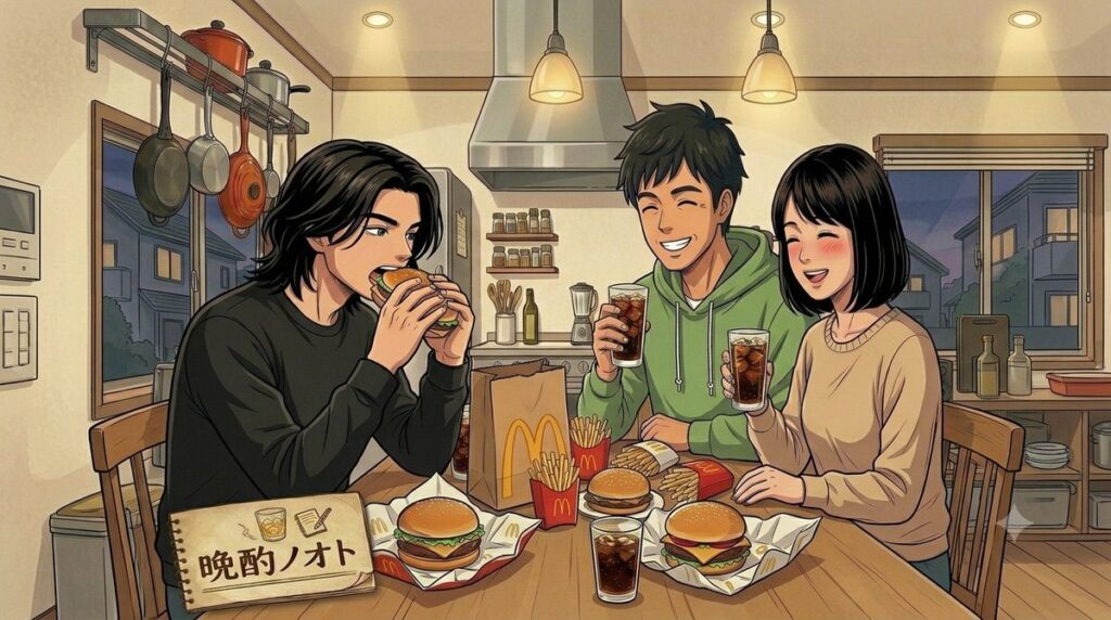 テーブルに置かれたマクドナルのハンバーガーを貪る次男とジャックコークを飲みながら笑う夫婦のイメージ