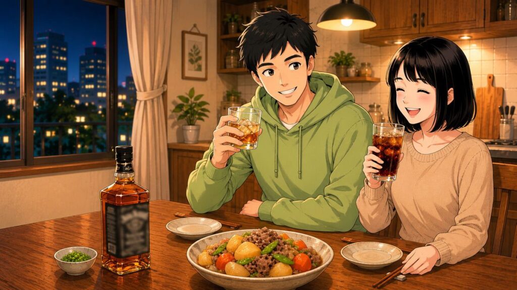 肉じゃがとジャックダニエルNo.7のペアリングを楽しむ夫婦のイメージ