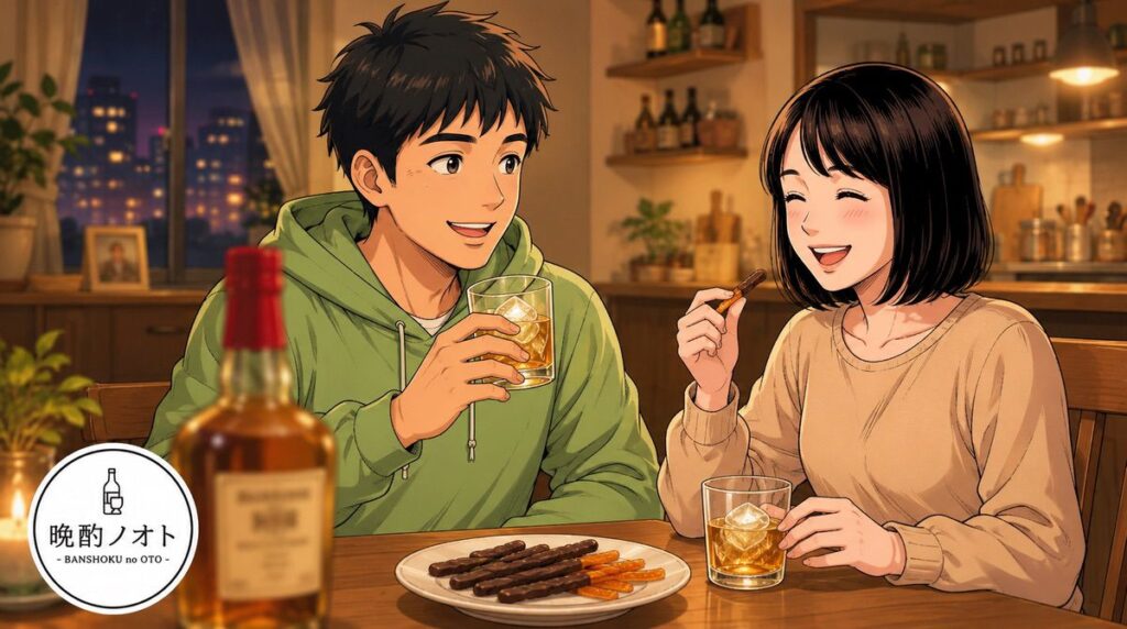 夫婦でオランジェットを食べながらメーカーズマークを楽しむイメージ