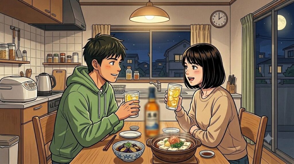 晩酌に昌廣ブレンデッドウイスキーのハイボールを楽しむ夫婦のイメージ