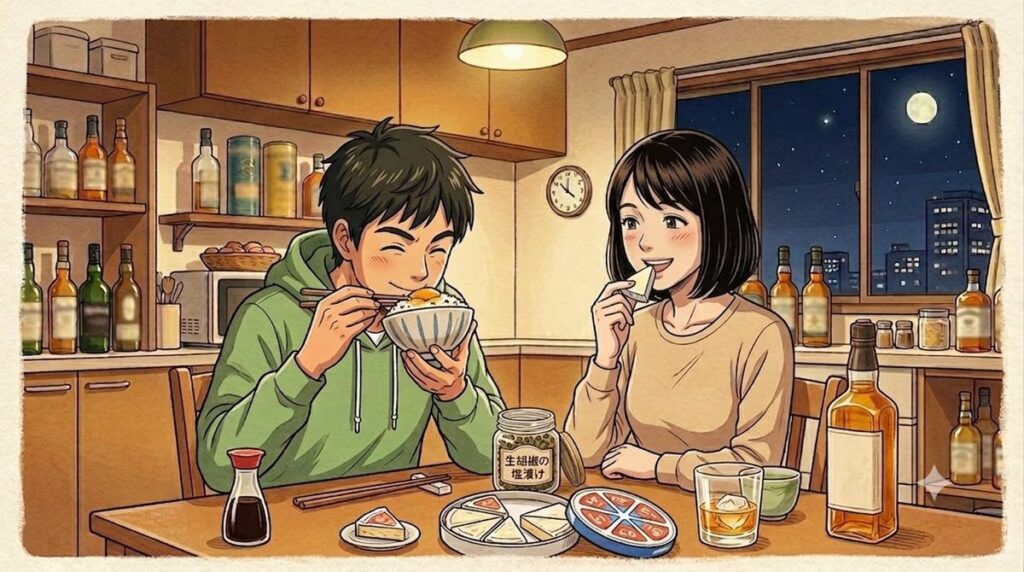 TKGに生胡椒の塩漬けをのせてかきこんでいるイメージ