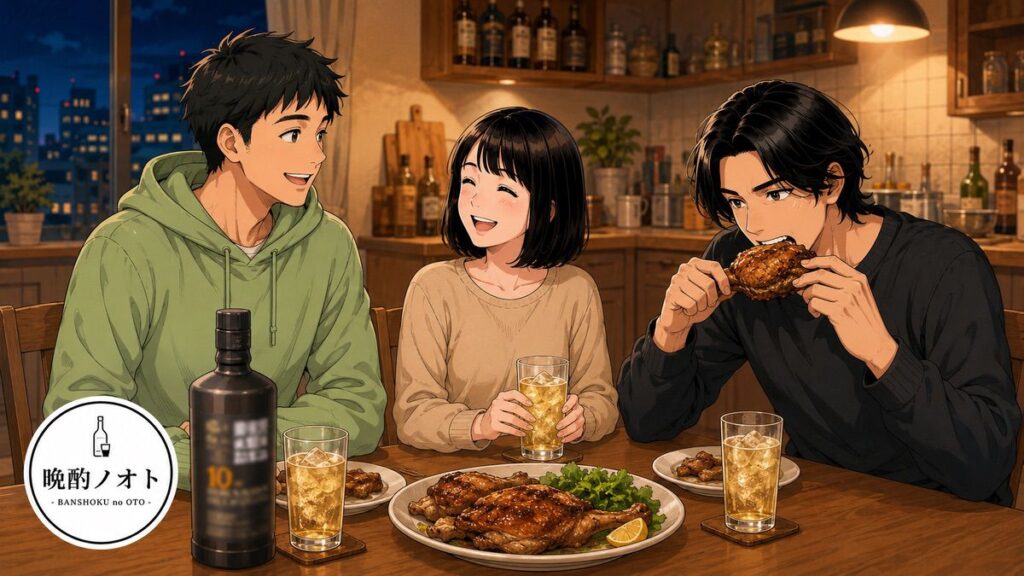 晩酌でポートシャーロット10年のハイボールと骨付鳥のペアリング楽しむ主人公と妻と次男のイメージ