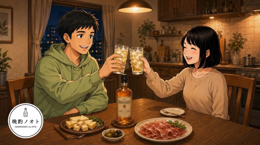 晩酌でティーチャーズのハイボールで乾杯する夫婦のイメージ