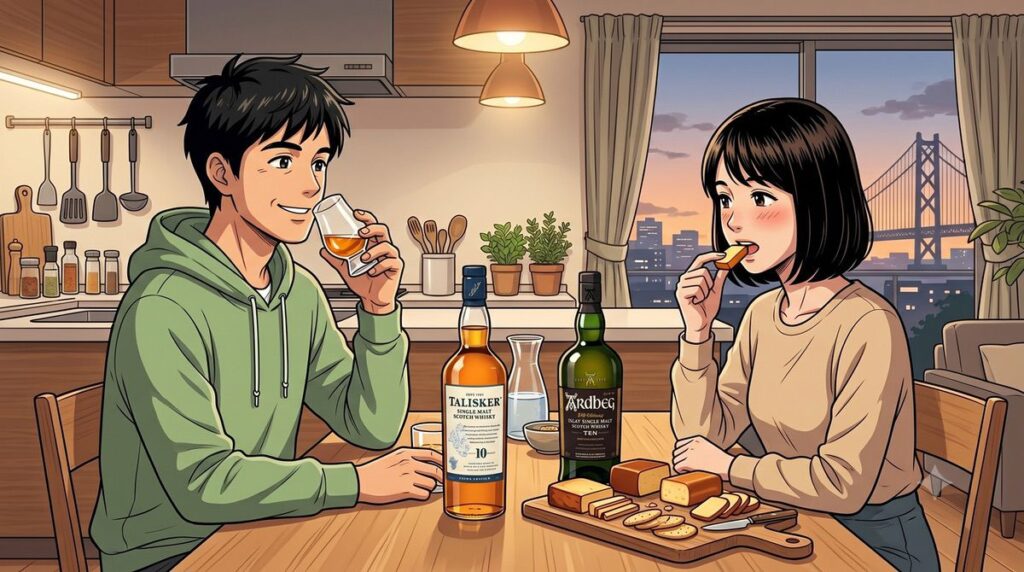 タリスカー10年のストレートと自作のスモークチーズを楽しむ夫婦のイメージ
