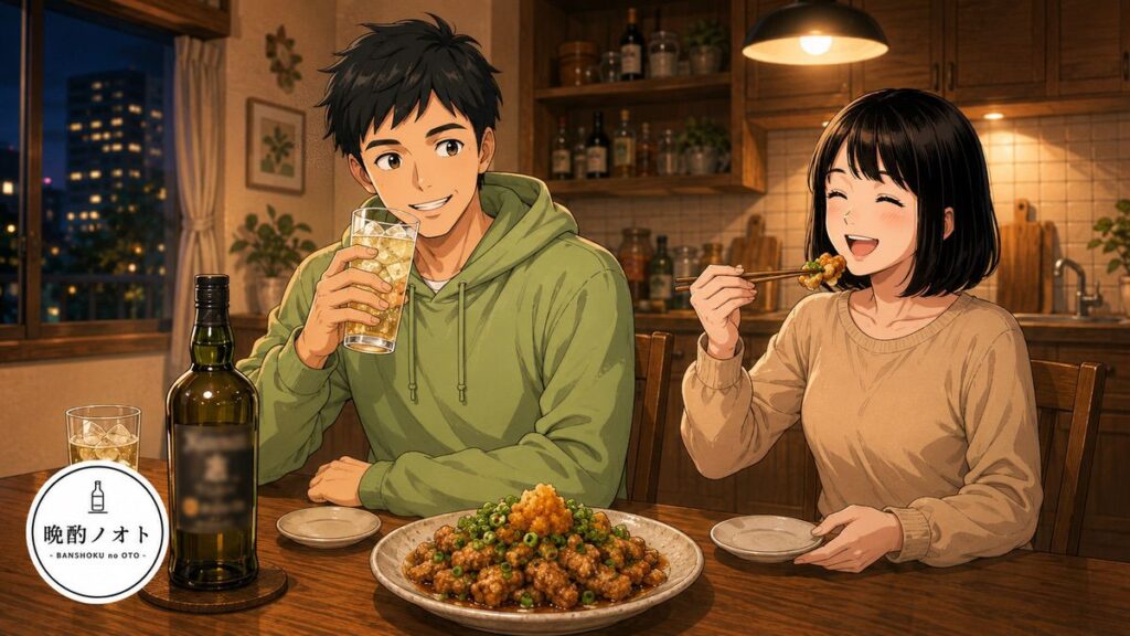 晩酌でハイボールと鶏皮酢のペアリングを楽しむ夫婦のイメージ