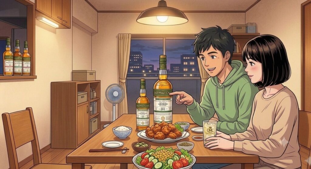 テーブルの上に置かれたボトラーズボトルを指さし美味しさを妻に伝える夫のイメージ