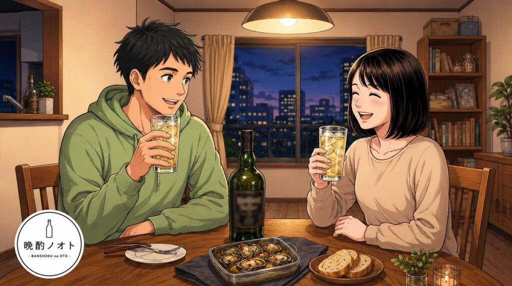 アードベッグ10年のハイボールと燻製牡蠣オイル漬けを楽しむ夫婦のイメージ