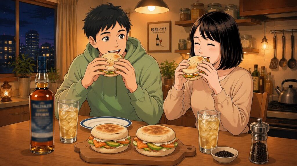 アボカドスモークサーモンサンドとタリスカーハイボールのペアリングを楽しむ夫婦のイメージ