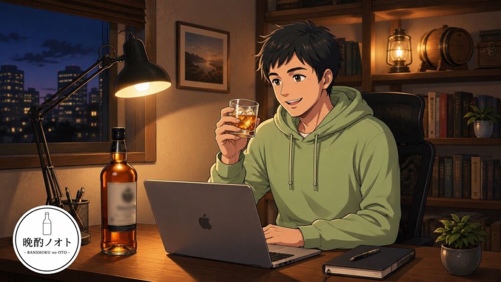 書斎でボウモア12年をストレートで楽しむ主人公のイメージ