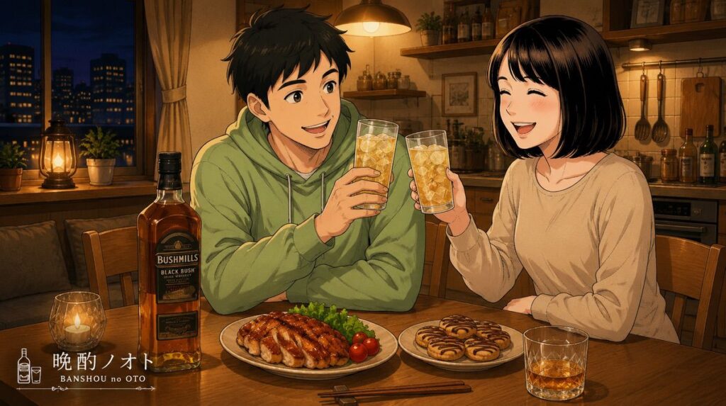 ブラックブッシュと照り焼きチキンやチョコビスケットのペアリングを楽しむ夫婦のイメージ