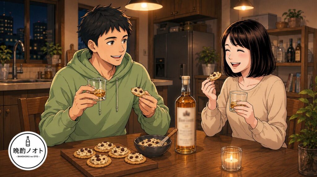 フルーツバターをつまみにクライヌリッシュ14年を楽しむ夫婦のイメージ