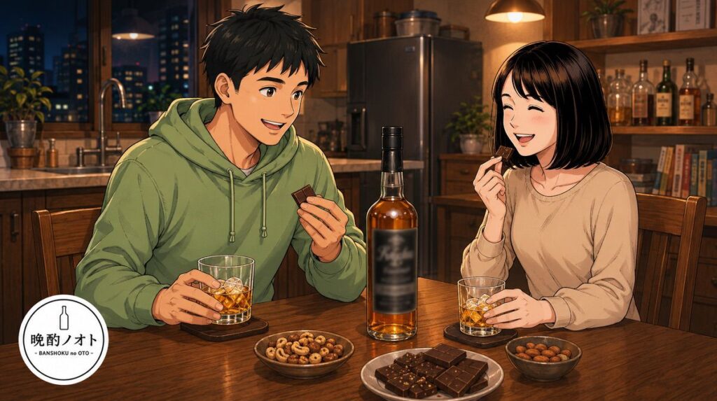 チョコやナッツとイーグルレア10年のペアリングを楽しむ夫婦のイメージ