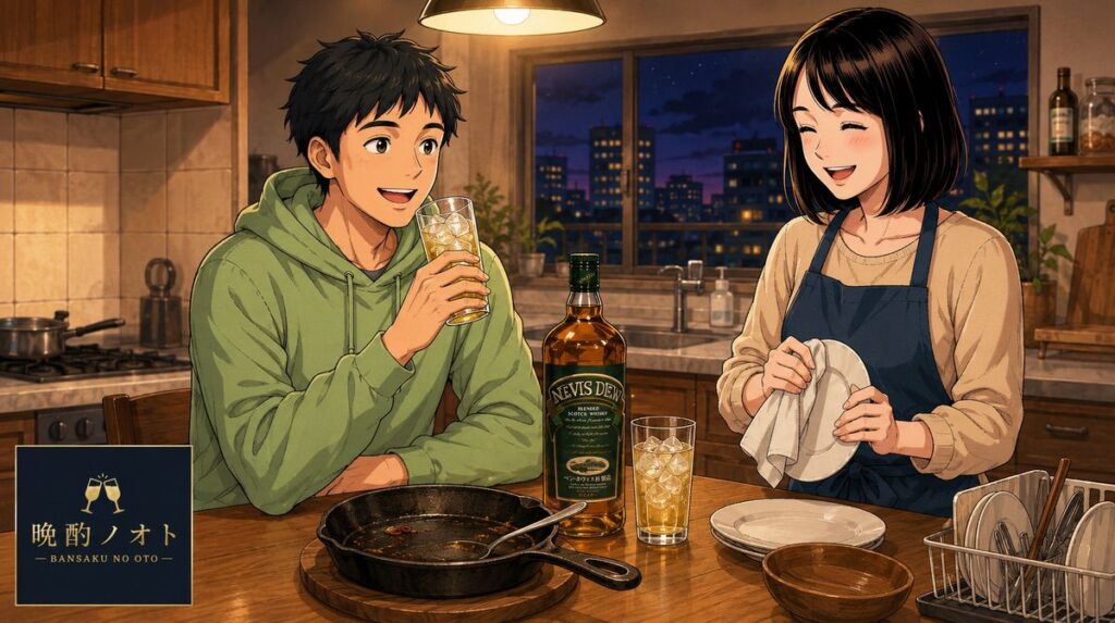 海老と豆板醤のアヒージョ風とネヴィスデューハイボールを楽しむ夫婦のイメージ