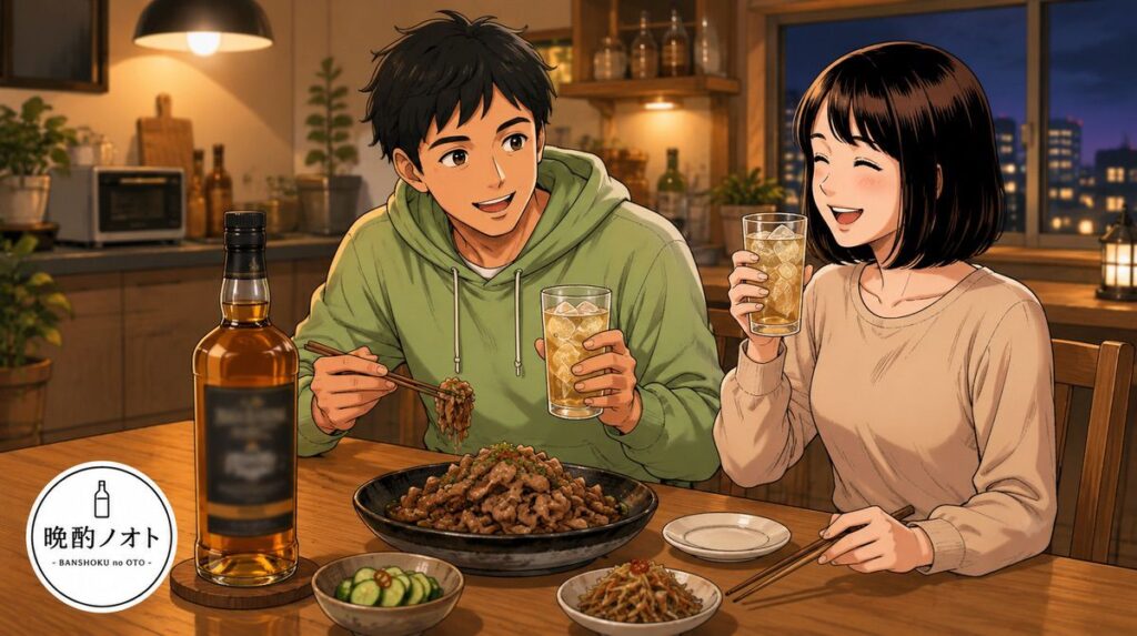 イーガンズボンダーズブレンドのハイボールと牛肉のしぐれ煮を楽しむ夫婦のイメージ