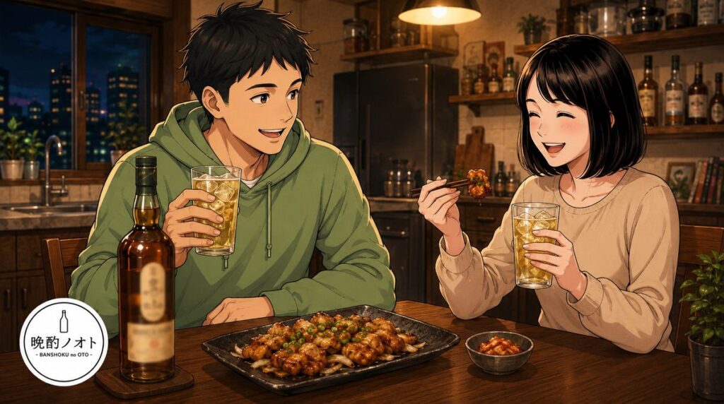 ラガヴーリン16年と幸福亭の大トロホルモン西京焼きのペアリングを楽しむ夫婦のイメージ