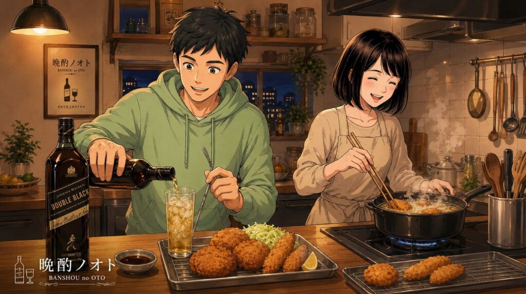 ジョニーウォーカーダブルブラックのハイボールとメンチカツやささみフライのペアリングを楽しむ夫婦のイメージ