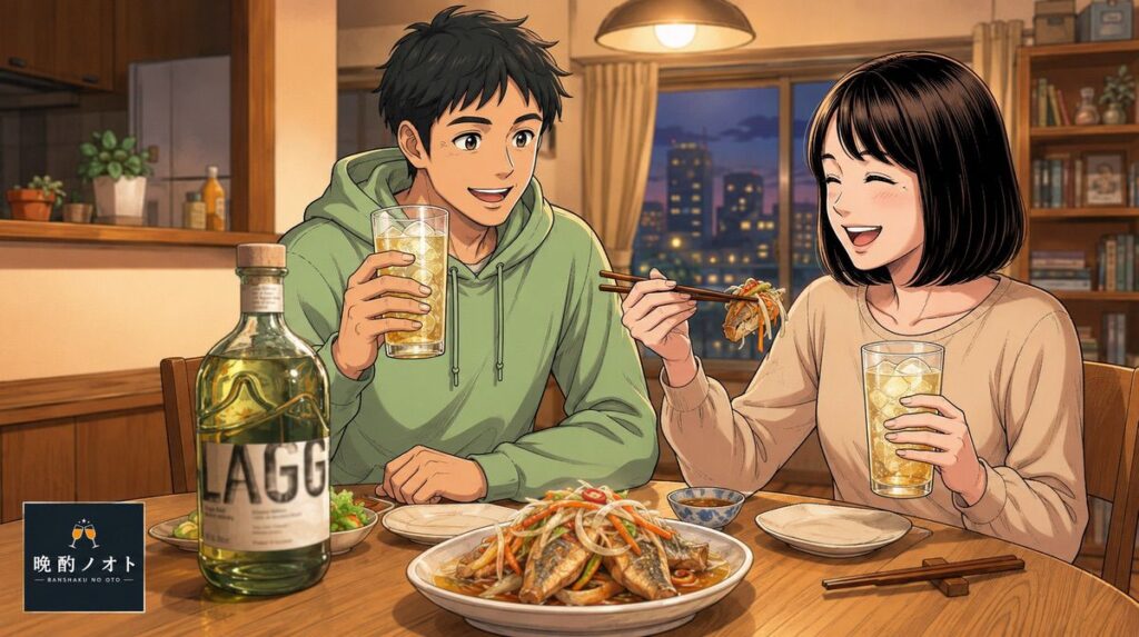 ラグキルモリーエディションのハイボールと鯵の南蛮漬けのペアリングを楽しむ夫婦のイメージ