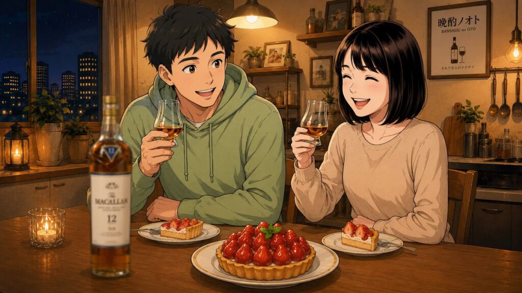 いちごのタルトとマッカラン12年 ダブルカスクのペアリングを楽しむ夫婦のイメージ