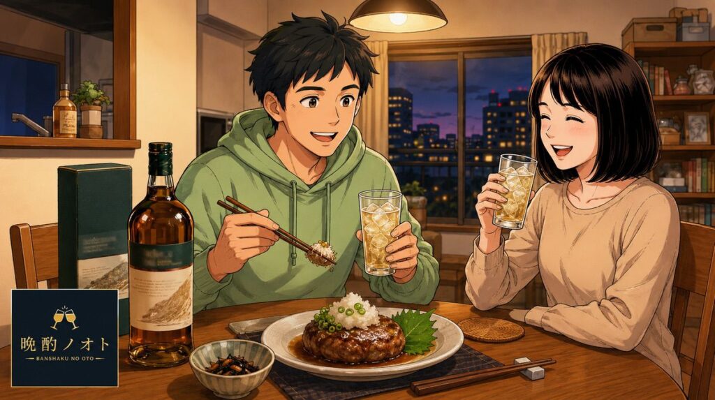 マクリーンズ・ノーズと和風ハンバーグのペアリングを楽しむ夫婦のイメージ