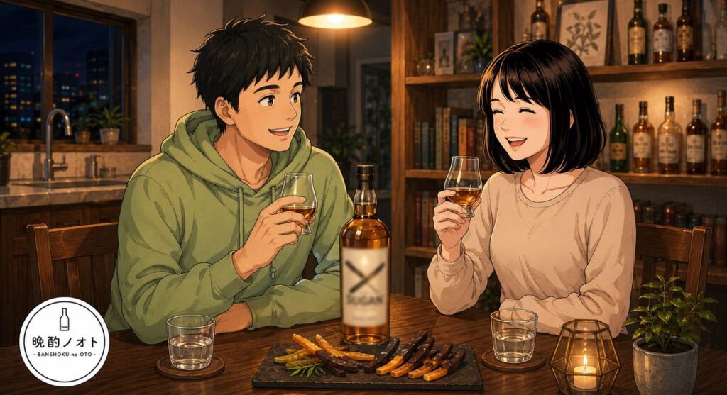 ソガイニハイボールとイカフライ、エビフライのペアリング楽しむ夫婦のイメージ